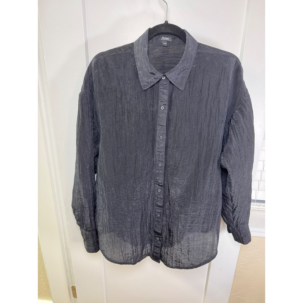 Express Boyfriend Portofino Black Crinkle Button Down Shirt Medium Oversized